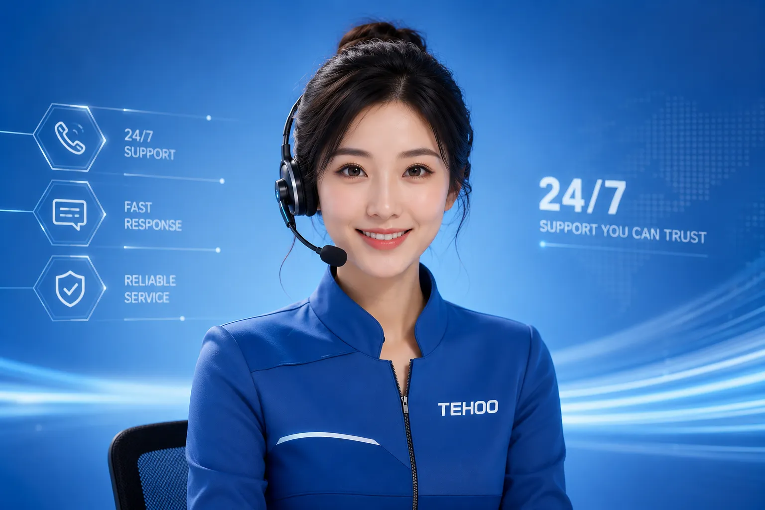 Support agent with headset smiling